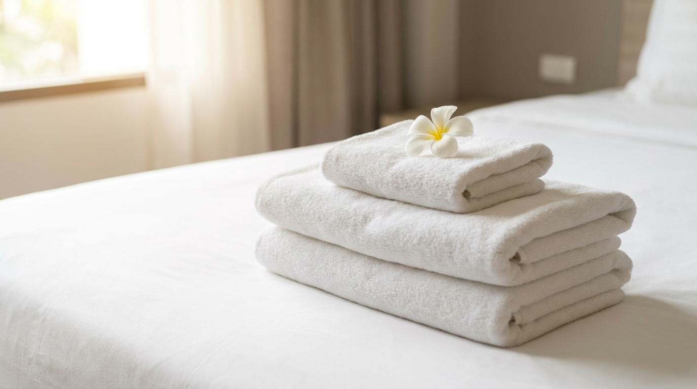 Folded white hotel towels with frangipani flower